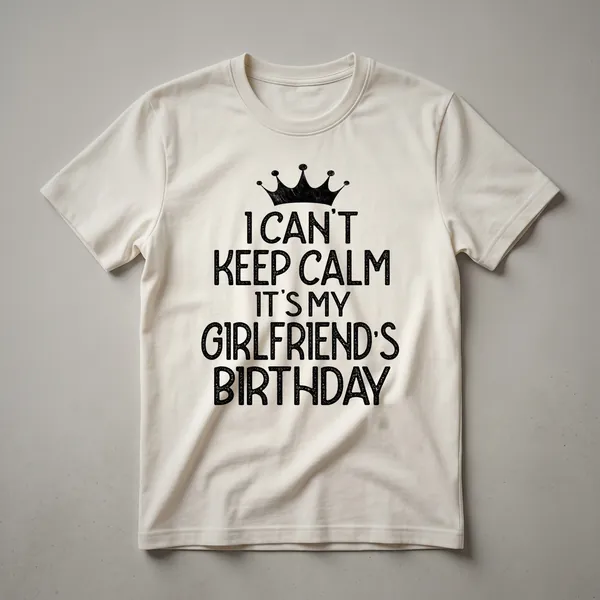 White graphic t-shirt with black text that reads 'I Can't Keep Calm It's My Girlfriend's Birthday Party' and a small crown icon above the text.
