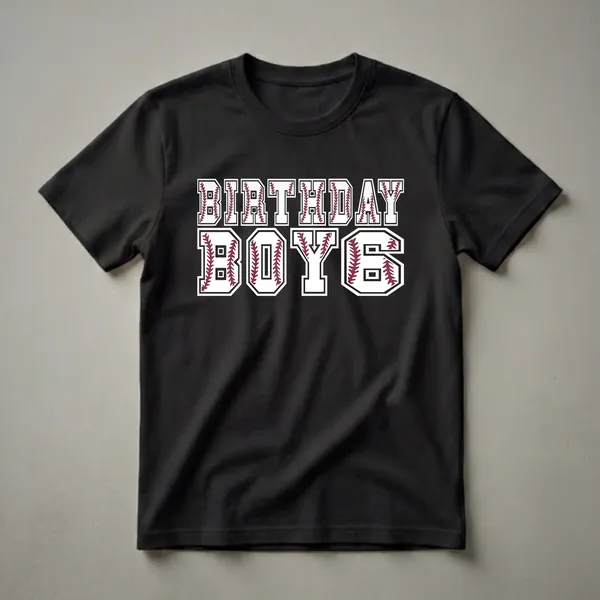 Black t-shirt with white collegiate-style lettering that reads "BIRTHDAY BOY 6", with maroon baseball stitching filling the letters.