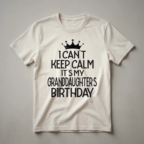 White graphic t-shirt with black text that reads 'I Can't Keep Calm It's My Granddaughter's Birthday Party' in a playful font.
