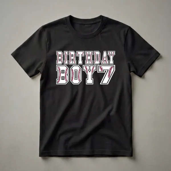 Black t-shirt with white and maroon "Birthday Boy 7" graphic featuring baseball stitching.