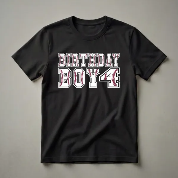 Black t-shirt with white collegiate-style lettering that reads "BIRTHDAY BOY 4," featuring maroon baseball stitching within the letters.