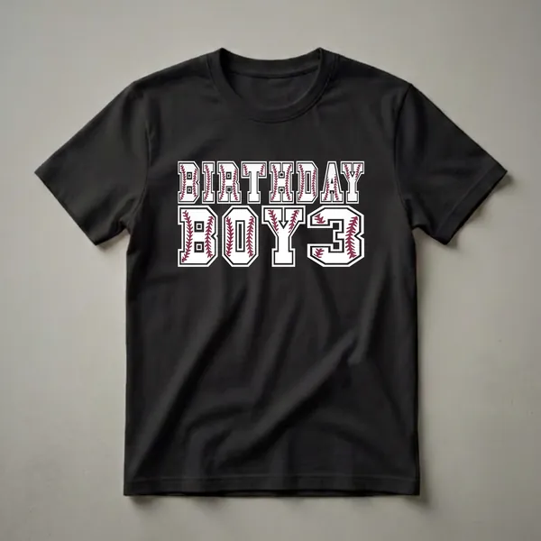 Black t-shirt with white collegiate-style lettering that reads 'BIRTHDAY BOY 3', with each letter filled with maroon baseball stitching.