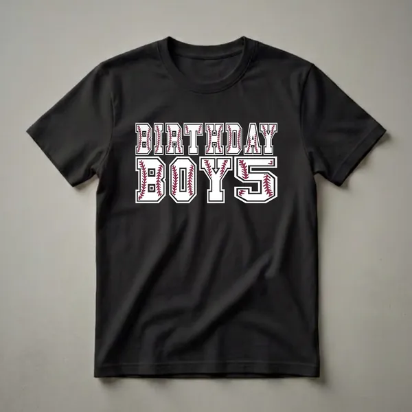 Black t-shirt with white collegiate lettering filled with maroon baseball stitching that reads "BIRTHDAY BOYS 5".