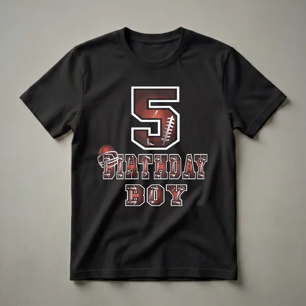 Black t-shirt with a large dark red number 5 featuring football lace texture and white outline, BIRTHDAY BOY in matching textured block letters, and a red football helmet to the left.