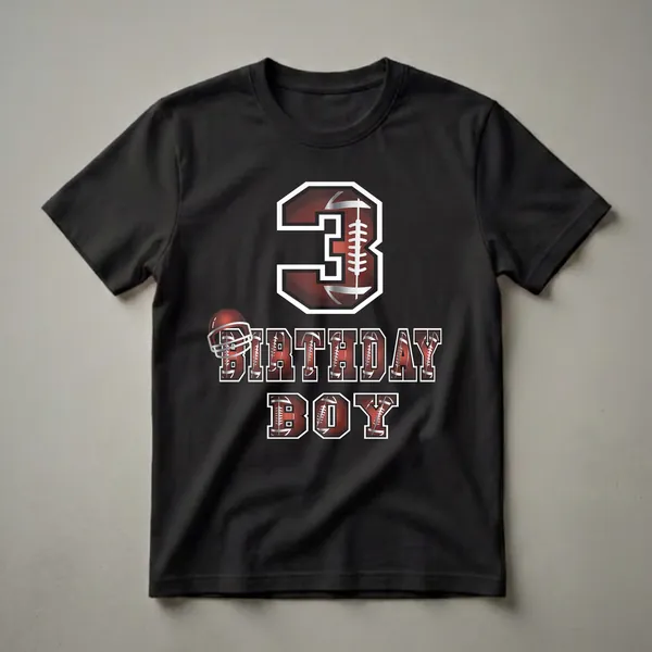 Black t-shirt with a graphic design for a 3rd birthday boy, featuring a large number '3' and the words 'BIRTHDAY BOY' in a football theme with a red helmet.