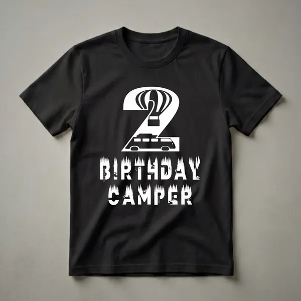 Black t-shirt with a white graphic design featuring the number '2' with a hot air balloon and camper van, and the words 'BIRTHDAY CAMPER' within a forest landscape.