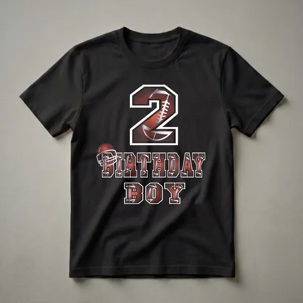 Black t-shirt with a graphic design featuring the number 2, a football helmet, and the words "BIRTHDAY BOY", all with a football texture.