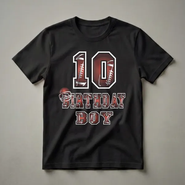Red and silver graphic t-shirt design for a 10th birthday boy, featuring the number 10, "BIRTHDAY BOY" text, and a football helmet, all with football textures.