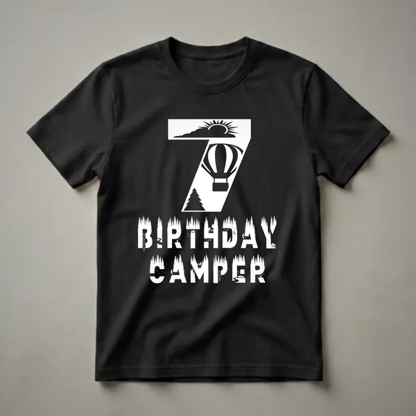 Black t-shirt with a white graphic design. The design includes the number 7 filled with a hot air balloon, sun, and clouds, and the words BIRTHDAY CAMPER filled with forests, rivers, mountains, and a cabin.