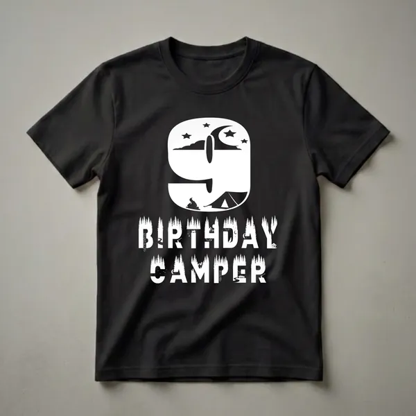 Black t-shirt with a white graphic of the number 9 filled with a night camping scene, and the words BIRTHDAY CAMPER below, also filled with forest and camping elements.