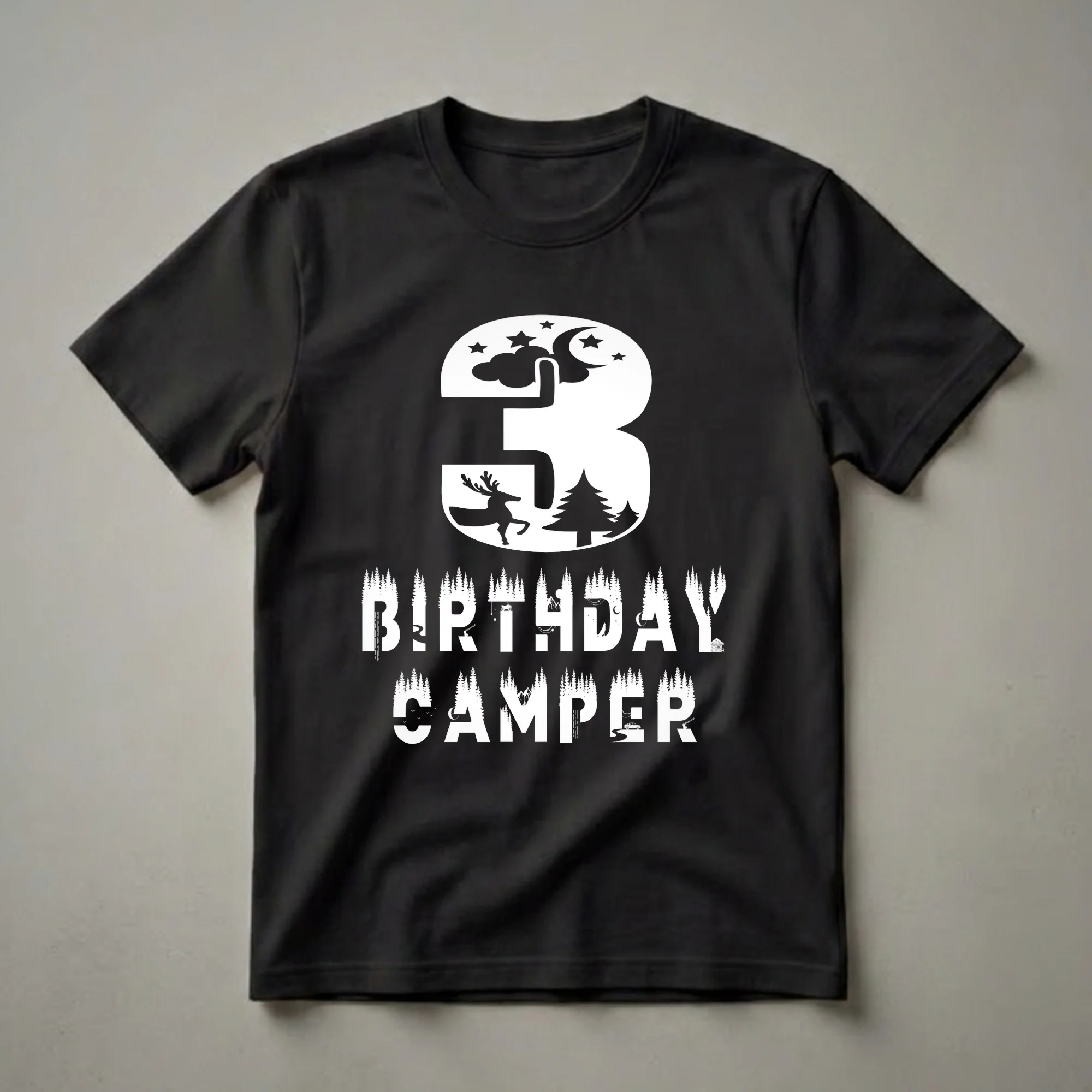Black t-shirt with a white graphic design featuring the number '3' filled with a nighttime camping scene, and the words 'BIRTHDAY CAMPER' below, also filled with forest and camping elements.