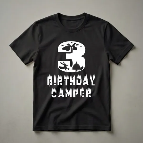 Black t-shirt with a white graphic design featuring the number '3' filled with a nighttime camping scene, and the words 'BIRTHDAY CAMPER' below, also filled with forest and camping elements.
