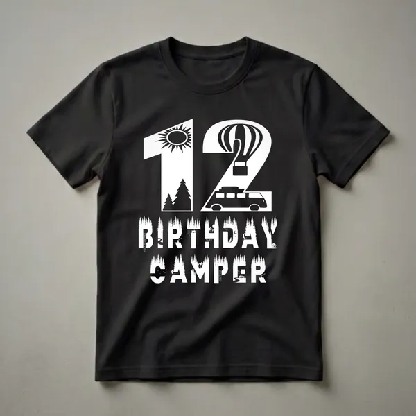 White graphic t-shirt with the number 12, a sun, a hot air balloon, a camper van, and the words 'BIRTHDAY CAMPER' filled with forest scenes, mountains, rivers, and wildlife.