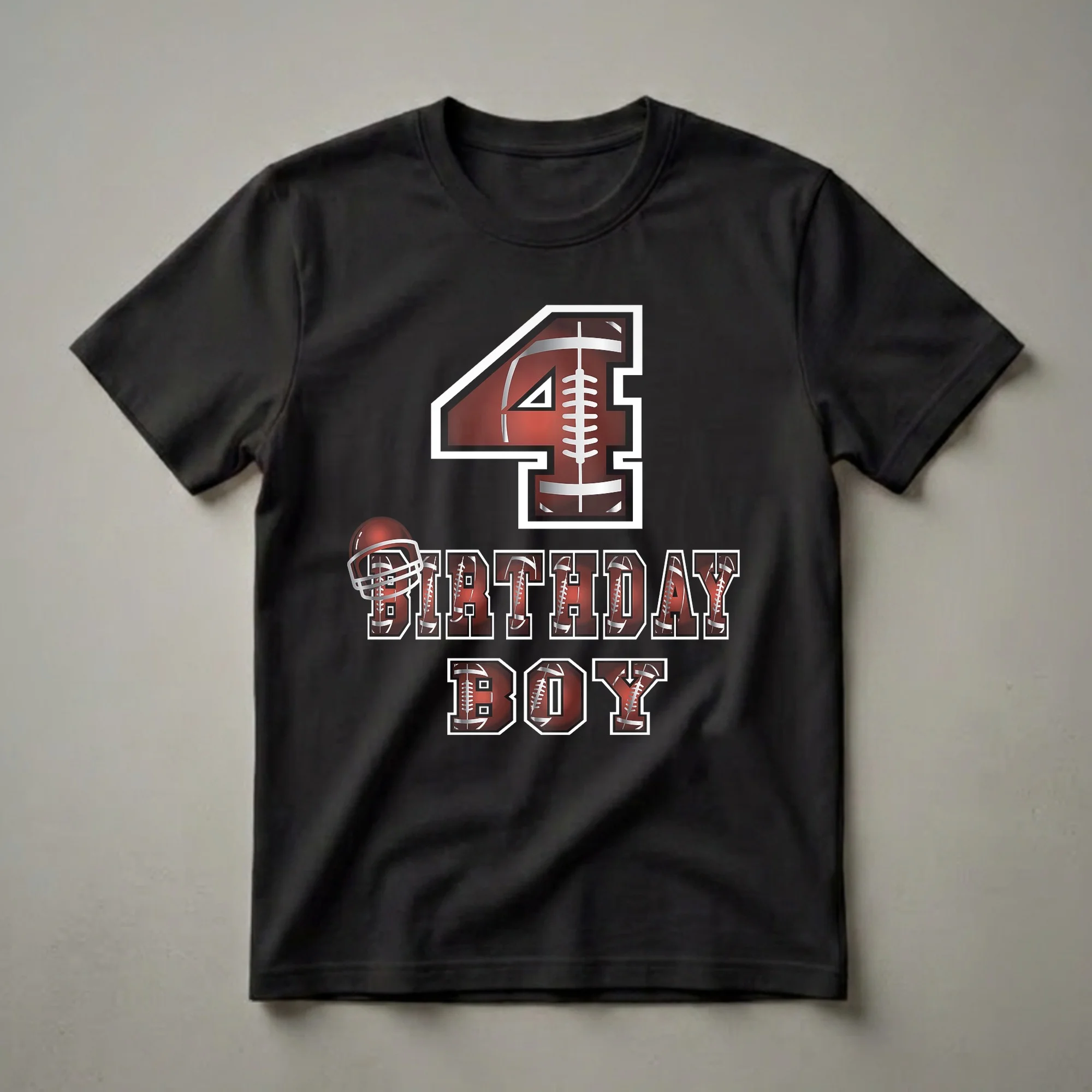 Black t-shirt graphic featuring a large number 4 styled as a football, a football helmet, and the text 'BIRTHDAY BOY' in bold lettering, all with a football texture.