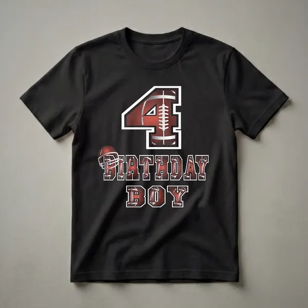 Black t-shirt graphic featuring a large number 4 styled as a football, a football helmet, and the text 'BIRTHDAY BOY' in bold lettering, all with a football texture.