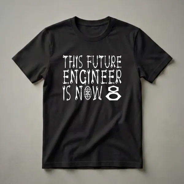 Black t-shirt with white text that reads 'THIS FUTURE ENGINEER IS NOW 8', with letters formed from tools like wrenches, hammers, and a gear.