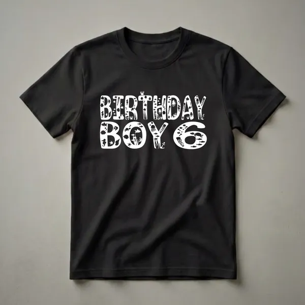 White graphic t-shirt design for a 6th birthday boy, featuring the words "BIRTHDAY BOY 6" filled with various marine animals like fish, jellyfish, octopuses, seahorses, and crabs.