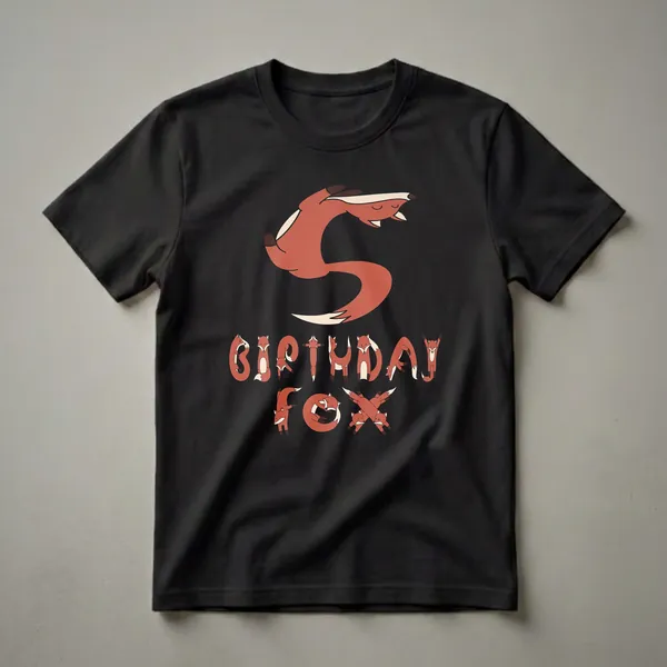 A black t-shirt featuring a large orange fox forming the number 5, with the words BIRTHDAY FOX spelled out by smaller foxes below.