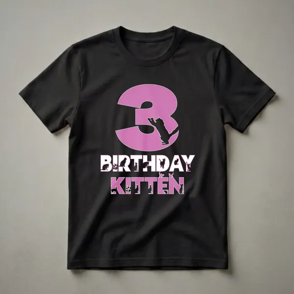 Black t-shirt with a large pink number '3' featuring a black cat silhouette, and the words 'BIRTHDAY KITTEN' below, with various cat and paw print silhouettes integrated into the letters.