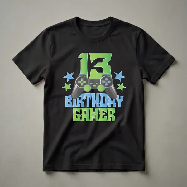 Black t-shirt with a graphic design featuring the number 13 in green, a video game controller, and the words 'BIRTHDAY GAMER' in blue and green.