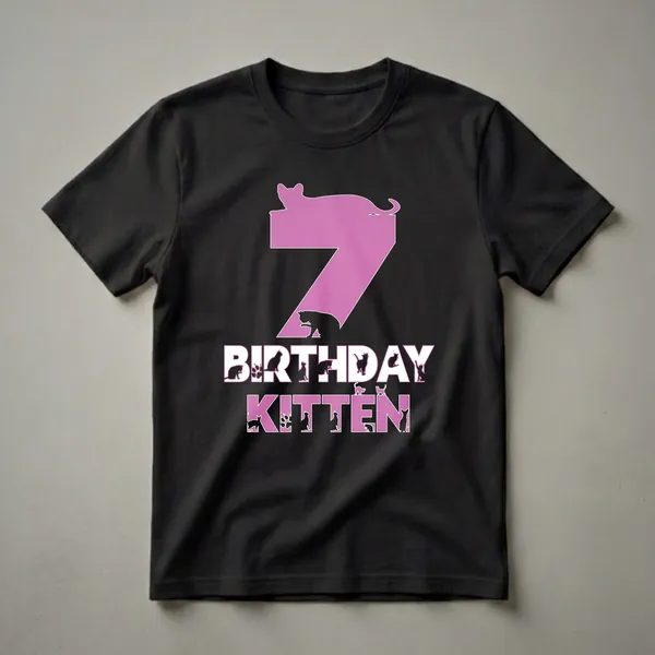 Black t-shirt with a large pink number 7 graphic filled with cat silhouettes and paw prints, and the words BIRTHDAY KITTEN in white with pink outline.