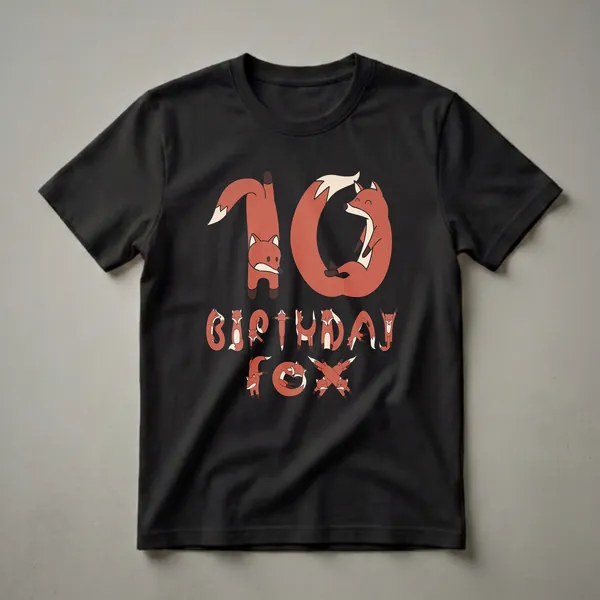 A black t-shirt featuring a graphic design of cartoon foxes forming the number 10 and the words BIRTHDAY FOX in playful poses.