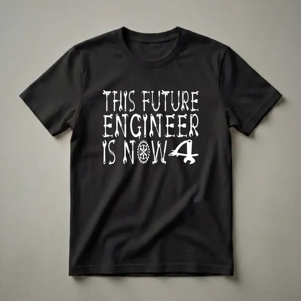 White graphic t-shirt with text 'THIS FUTURE ENGINEER IS NOW 4' formed by tools like wrenches, hammers, and gears on a black background.