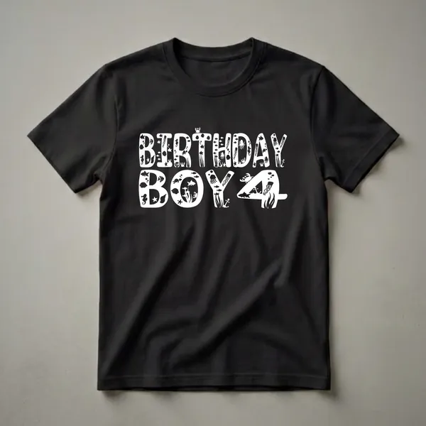 White graphic text that reads 'BIRTHDAY BOY 4' filled with various underwater marine life like fish, seahorses, jellyfish, octopuses, crabs, and anchors, set against a black background.