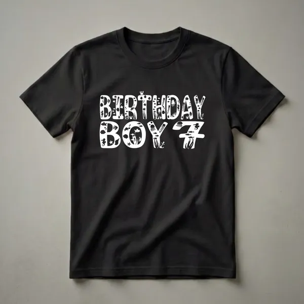 White graphic text reading 'BIRTHDAY BOY 7' filled with various sea creatures like fish, seahorses, jellyfish, and crabs, set against a black background.