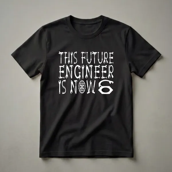 Black t-shirt with white text that reads 'THIS FUTURE ENGINEER IS NOW 6', with letters formed from tools like wrenches, hammers, and a gear.
