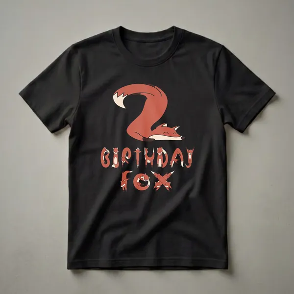 A black t-shirt featuring a graphic design with a large number '2' made from a sleeping fox and the words 'BIRTHDAY FOX' spelled out by smaller foxes.
