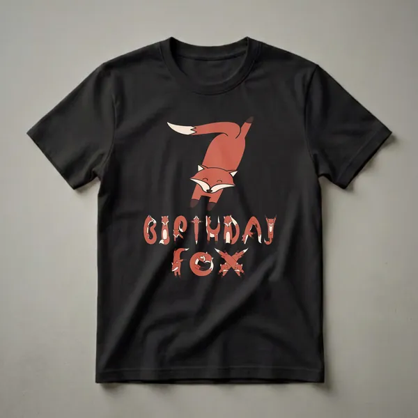 Black t-shirt with a cartoon illustration of a large fox jumping above the words 'BIRTHDAY FOX' spelled out by smaller foxes, with the number 7 prominently displayed.