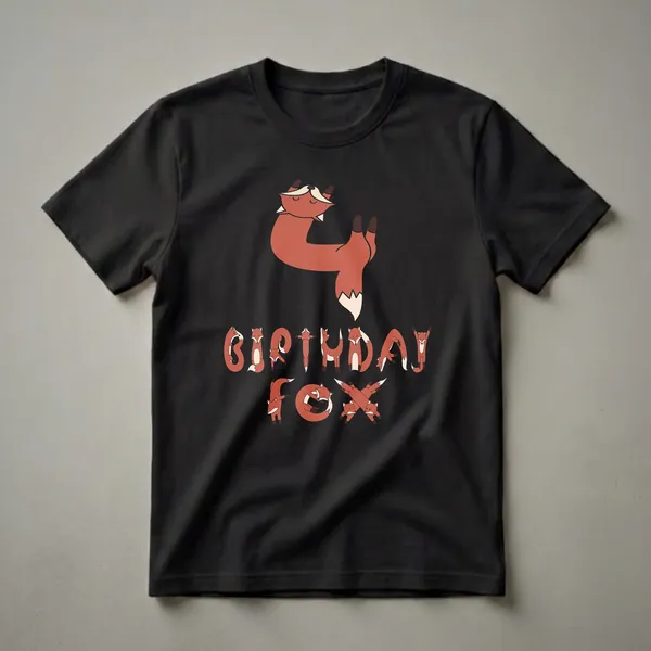A black t-shirt graphic featuring a large number 4 made of a fox, and the words 'BIRTHDAY FOX' spelled out by smaller foxes in various playful poses.