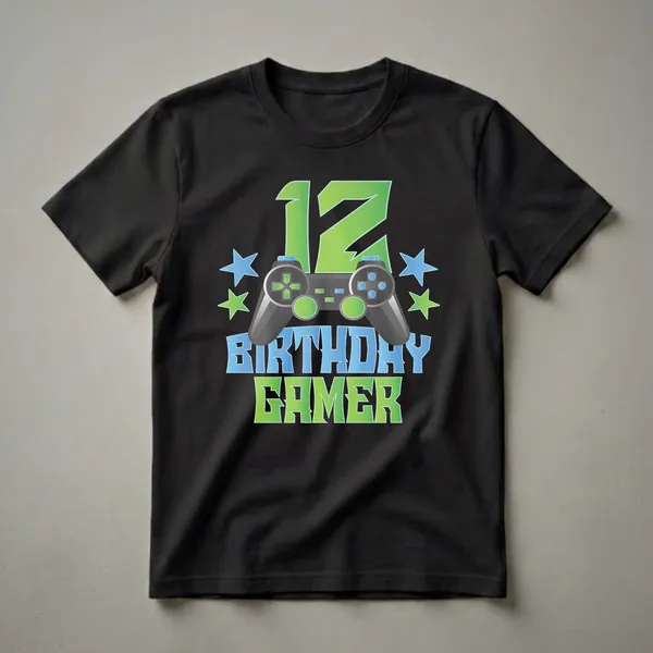 Black t-shirt with a graphic design featuring the number 12, a video game controller, blue and green stars, and the words 'BIRTHDAY GAMER'.