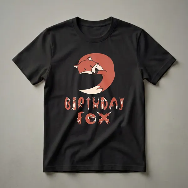 Black t-shirt with a graphic design featuring a large number 9 made from a sleeping fox, and the words BIRTHDAY FOX spelled out by smaller foxes in various playful poses.