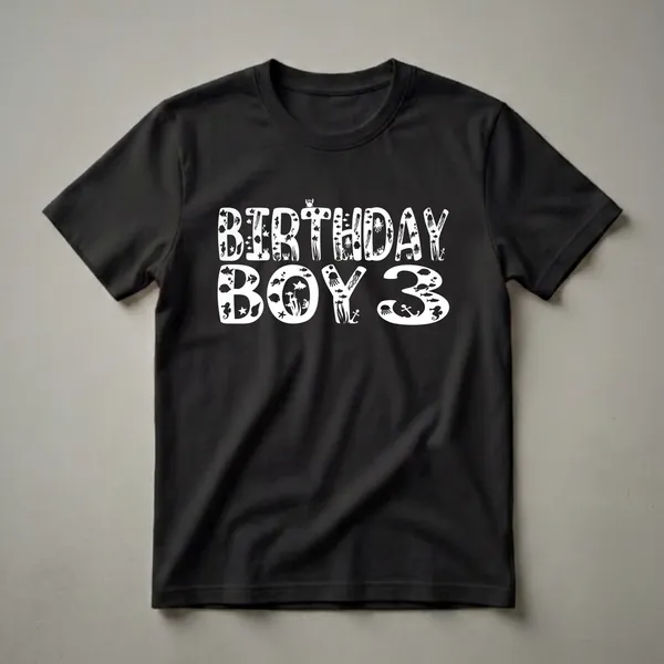 White 'Birthday Boy 3' text with an underwater scene featuring fish, seahorses, jellyfish, crabs, and anchors, on a black t-shirt.