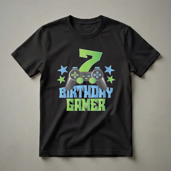 Black t-shirt with a graphic design for a 7th birthday gamer boy, featuring a large green number 7, a video game controller, the words 'BIRTHDAY GAMER', and blue and green stars.