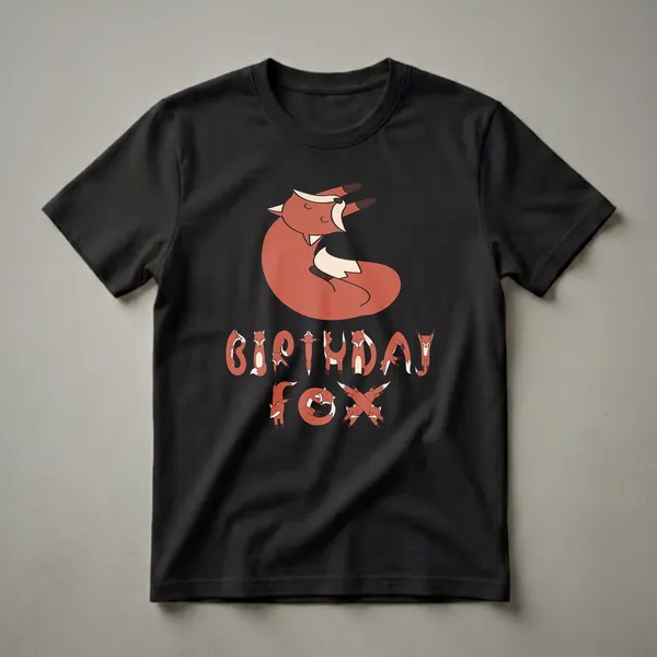 A black t-shirt featuring a graphic of stylized red foxes forming the words 'BIRTHDAY FOX' with a larger fox illustration above.