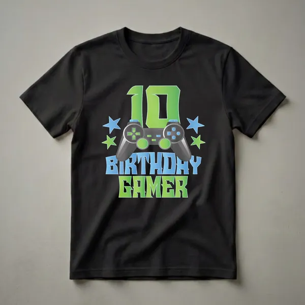 Black t-shirt with a green and blue '10' graphic, a video game controller, and the words 'BIRTHDAY GAMER' with blue and green stars.