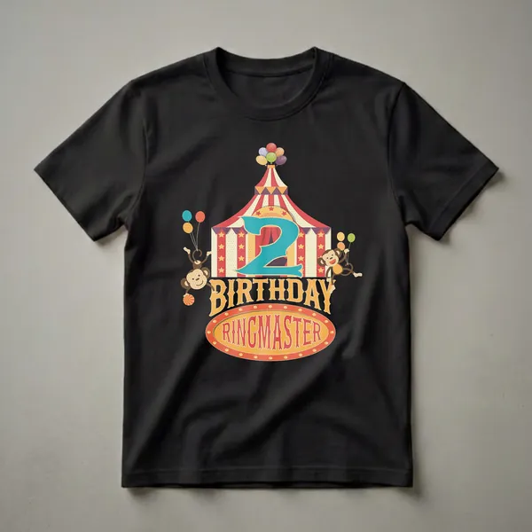 A graphic t-shirt design featuring a vintage circus tent, two monkeys holding balloons, and the text '2nd Birthday Ringmaster' in bold, retro lettering.