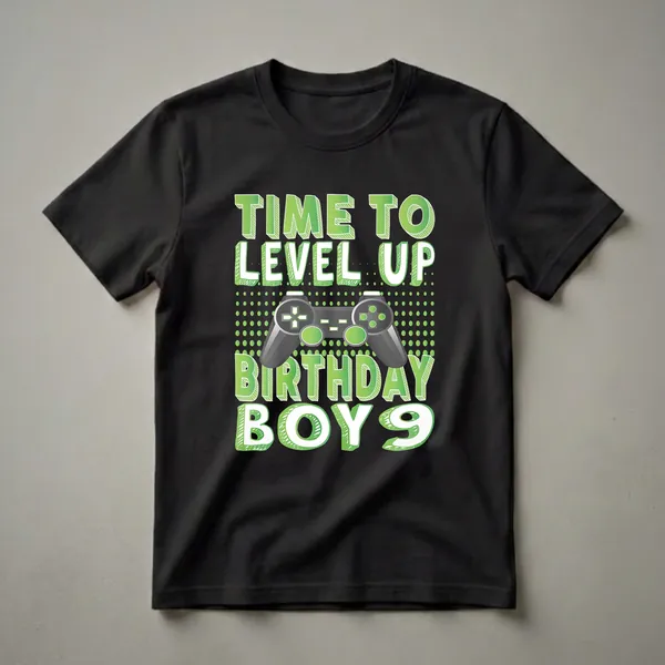 Black t-shirt with green gradient text that reads 'Time To Level Up Birthday Boy 9' and features a realistic video game controller in the center.