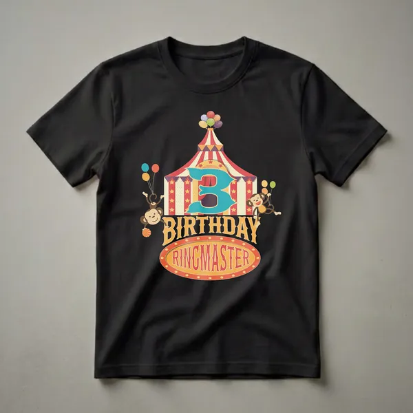 A graphic t-shirt design featuring a vintage circus tent with a large number '3', two monkeys holding balloons, and the words 'BIRTHDAY RINGMASTER' in a retro circus style.