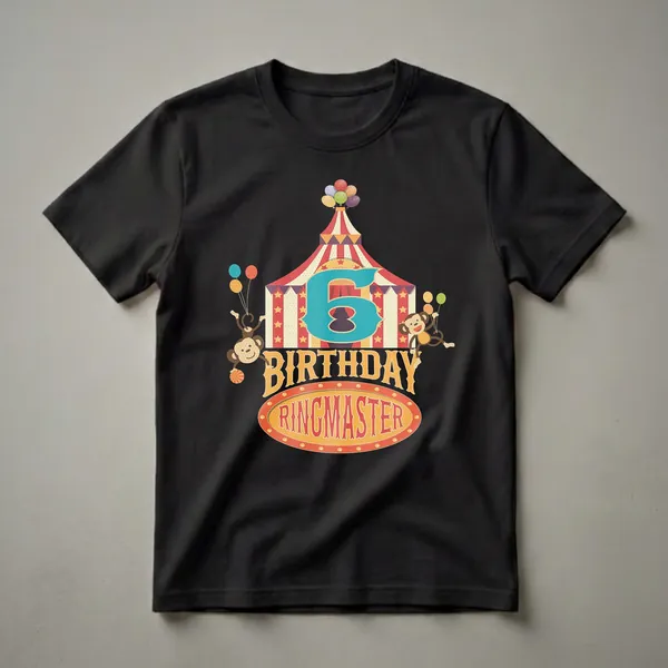 A graphic t-shirt design featuring a vintage circus tent, the number 6, the words BIRTHDAY and RINGMASTER, and two monkeys holding balloons, suitable for a 6th birthday celebration.