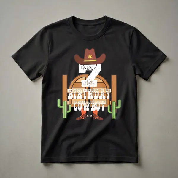 White graphic t-shirt featuring a large number 7, cowboy hat, saloon doors, and cacti, with the text "BIRTHDAY COWBOY".