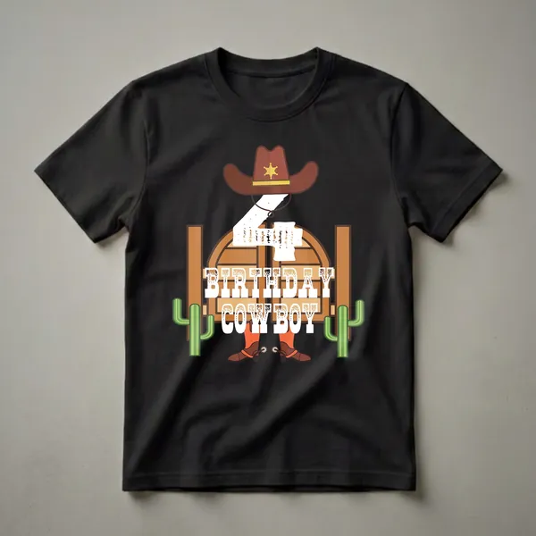 White graphic t-shirt featuring a cowboy hat, the number 4, 'Birthday Cowboy' text, cowboy boots with spurs, a saloon door, and cacti.