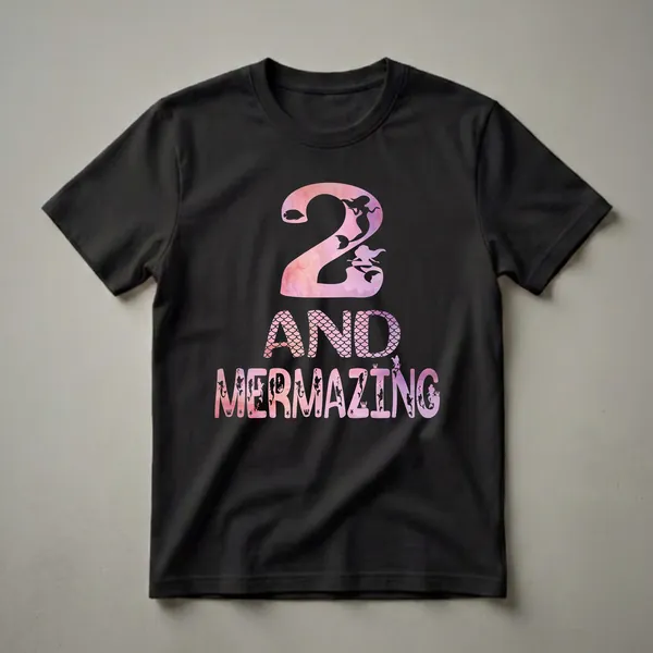 Black t-shirt featuring a pink and purple watercolor graphic with the number '2' and the text 'AND MERMAZING', adorned with mermaid silhouettes, starfish, and crabs.