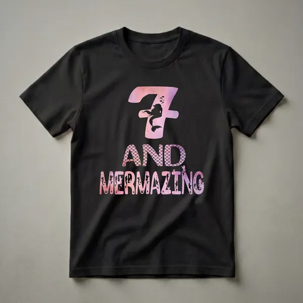 Black graphic t-shirt with a pink and purple watercolor fill featuring the number 7 with a mermaid silhouette, and the words 'AND MERMAZING' with various mermaid and sea creature graphics.