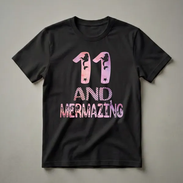 Black t-shirt with the number 11 and the words 'AND MERMAZING' in pink and purple watercolor fill, adorned with mermaid and sea creature silhouettes.