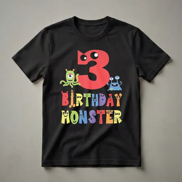 A black t-shirt graphic featuring a large red number '3' surrounded by colorful cartoon monsters and the words 'BIRTHDAY MONSTER' in playful, monster-themed lettering.