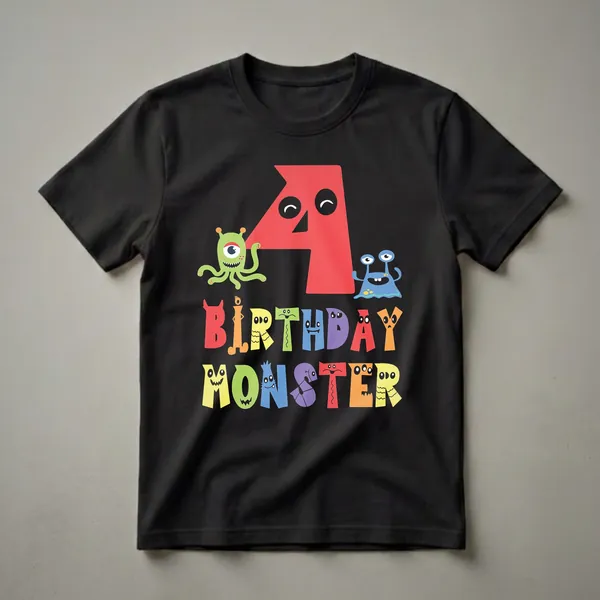 A red number 4 with a face, a green one-eyed alien, and a blue two-eyed alien above the colorful, monster-themed text 'BIRTHDAY MONSTER' on a black background.